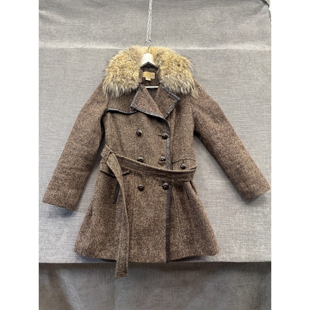 Michael Kors Peacoat Womens 4 Brown Leather Front Trim Peeling Double Breasted